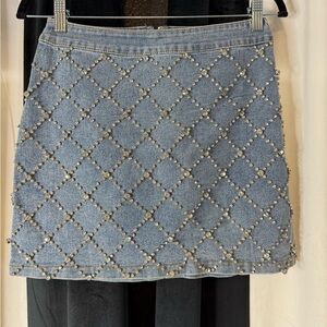 Main Strip Blue Pearl-Studded Mini Skirt